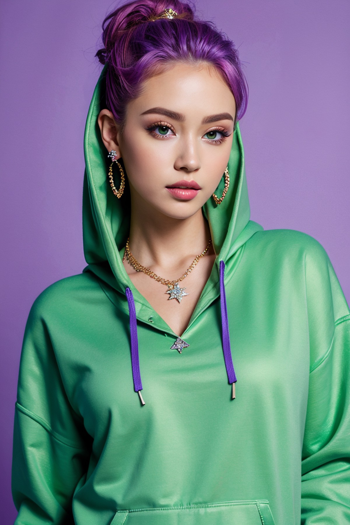 hyper realistic, masterpiece, best quality, ultra detailed, photorealistic, 1girl, hip-hop, large hoodie, purple hoodie, h...